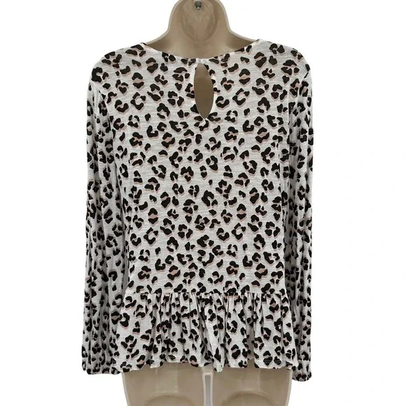 Lucky Brand T-Shirt XS Women's White Pink Multi Animal Print Peplum Long Sleeve - Picture 4 of 8